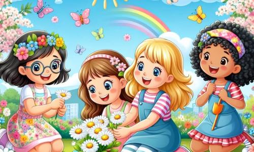 Quatro meninas, Clara, Sofia, Joana e Luísa, estão felizes em um parque em plena floração. Clara, de 10 anos, com cabelos castanhos e óculos, está agachada observando uma margarida. Sofia, também de 10 anos, com cabelos loiros e um vestido colorido, sorri segurando uma pequena pá. Joana, de 9 anos, com cabelos castanhos e uma bengala, se inclina para tocar os pétalas de uma flor. Luísa, de 10 anos, com cabelos negros e cacheados, levanta os braços animada para mostrar um ovo de Páscoa que encontrou. O parque está cheio de flores coloridas, com tulipas vermelhas, narcisos amarelos e árvores em flor, enquanto o céu é azul com algumas nuvens brancas. Os raios de sol iluminam a cena, criando uma atmosfera alegre e primaveril. As meninas estão plantando sementes de flores no solo, cada uma com um sorriso radiante no rosto, compartilhando seu entusiasmo pela natureza e pela beleza da primavera.