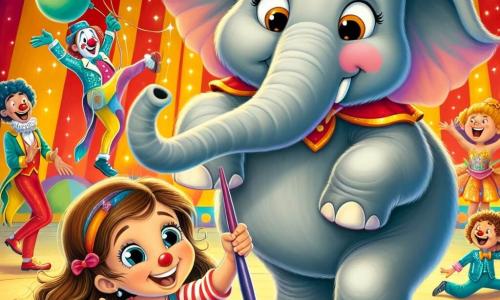 Una niña de 7 años, Lucía, con largos cabellos castaños y ojos llenos de curiosidad, está en el centro de la escena, sonriendo y entusiasmada, pintando con un pincel de colores vivos junto a un adorable elefante llamado Bongo. Bongo, un gran elefante gris con orejas grandes, usa su trompa para añadir toques de pintura al cuadro, mostrando una expresión alegre y amistosa. Al fondo, un payaso alegre, con una nariz roja y una gran sonrisa, lanza pelotas de colores al aire, mientras un acróbata de unos 10 años, vestido con un traje brillante, realiza piruetas con gracia, creando un ambiente festivo. El lugar es un circo colorido, lleno de luces brillantes y carpas a rayas rojas y amarillas, con espectadores maravillados aplaudiendo alrededor, añadiendo a la atmósfera mágica. La situación principal muestra a Lucía y Bongo colaborando alegremente para crear una obra de arte juntos, rodeados de risas y aplausos, ilustrando el espíritu de amistad y creatividad en el corazón del circo.