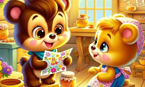Un pequeño oso de peluche, llamado Bruno, con un pelaje marrón suave y ojos brillantes de alegría, está de pie sobre una silla de madera, sosteniendo una carta colorida en sus pequeñas patas. Su rostro expresa una emoción desbordante, con una gran sonrisa y mejillas rosadas. A su lado, su mamá, la dulce Osa Marga, con pelaje crema y ojos cálidos, sonríe tiernamente mientras lee la carta. Ella lleva un delantal floral y está cerca de la mesa, rodeada de tarros de miel y flores coloridas, mostrando una expresión de orgullo y amor. El lugar es una encantadora cocina de madera, bañado en luz dorada, con paredes decoradas con dibujos de animales y ventanas abiertas que dejan entrar el aroma de las flores del jardín. La situación principal muestra a Bruno, lleno de entusiasmo, ofreciendo su carta a su mamá para el Día de la Madre, creando un momento mágico lleno de amor y ternura.