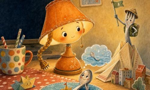 Lampilla, piccola lampada da tavolo antropomorfizzata con paralume arancione e filo intrecciato, mostra un'espressione gioiosa e serena al centro del piano e inclina il paralume come per ascoltare; un grande schermo rettangolare blu, spento e scuro, è sullo sfondo a sinistra come una grande finestra nera; una forchetta-personaggio in acciaio lucido, esploratrice e maliziosa, è piantata a destra della "città" in miniatura pronta a scalare una montagna di tovaglioli; un cucchiaio-personaggio rotondo e brillante ha un'aria sognante e "nuota" in un piccolo lago fatto da un sottobicchiere davanti a Lampilla; la scena si svolge su un tavolo di legno chiaro con un centrino a pois rossi, una tazza colorata e piccoli giocattoli di carta, le texture ricordano tocchi acquerellati; situazione principale: Lampilla ha spento lo schermo e organizza una città di gioco con oggetti quotidiani, luce calda e intima sui personaggi, atmosfera creativa e tenera, composizione centrata e contrasti morbidi tra luce e ombra.