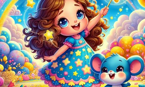 Al centro dell'immagine, una bambina di 5 anni di nome Stella, con lunghi capelli ricci e occhi scintillanti di curiosità, sorride gioiosamente mentre tiene una bacchetta magica luccicante. Indossa un vestito colorato decorato con motivi di stelle e lune, e il suo viso esprime grande eccitazione. Accanto a lei, un piccolo topo blu di nome Toby, con grandi orecchie e un sorriso malizioso, salta di gioia, le zampe posteriori in aria, pronto ad aiutarla nelle sue avventure. Sullo sfondo, un giardino magico pieno di nuvole colorate, fiori brillanti e un cielo azzurro chiaro. Nuvole rosa e gialle danzano intorno a loro, creando un'atmosfera gioiosa e fiabesca. In lontananza, un grande albero con foglie dorate ospita un piccolo lago scintillante. La scena principale mostra Stella e Toby, circondati da nuvole sorridenti, mentre danzano e celebrano la creazione di un magnifico arcobaleno che si estende nel cielo, illuminando il paesaggio con colori vivaci e gioiosi.