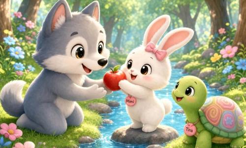 Um lobo chibi fofo e arredondado de pelagem cinza-claro com toques brancos e grandes orelhas, de olhar doce e sorriso gentil, ajoelhado à beira de um pequeno ribeiro estendendo a pata para apanhar uma maçã vermelha brilhante que o coelho branco Mimi, de pelagem macia e olhos redondos, segura com alegria sobre uma pedra baixa no meio do ribeiro; uma tartaruga verde chamada Tina, com carapaça de padrões coloridos, avança lentamente pela relva sorrindo. Cena numa floresta mágica ensolarada com relva macia, flores coloridas, ribeiro azul claro cintilante e árvores de folhas arredondadas, luz suave e tons pasteis, composição centrada na amizade, ajuda e partilha em torno da maçã.