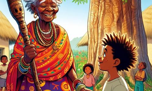 Een oudere vrouw, Mama Nia, staat onder een enorme baobab, haar gezicht straalt wijsheid en zachtheid uit. Ze draagt een levendige jurk met Afrikaanse patronen in warme kleuren van rood en oranje, en een troostende glimlach verlicht haar gerimpelde gezicht. In haar hand houdt ze een oude stok versierd met dieren-symbolen, klaar om op avontuur te gaan. Naast haar kijkt een tienjarige jongen, Kofi, met krullend haar en sprankelende ogen vol enthousiasme naar Mama Nia met bewondering. Hij draagt een eenvoudig t-shirt en een korte broek, en lijkt ongeduldig om haar te vergezellen in haar zoektocht. Een groep kinderen uit het dorp, tussen de zes en negen jaar oud, staat iets verderop met nieuwsgierige en bezorgde gezichten, luisterend naar de woorden van Mama Nia. De scène speelt zich af in een pittoresk Afrikaans dorp met lemen huizen en rieten daken, omringd door weelderig groen en kleurrijke bloemen. De lucht is helderblauw met een paar donzige witte wolken. Mama Nia, vastberaden, bereidt zich voor om op zoek te gaan naar de verdwenen waterbron, terwijl Kofi en de andere kinderen haar hoopvol en opgewonden observeren, klaar om haar te helpen in dit magische avontuur.