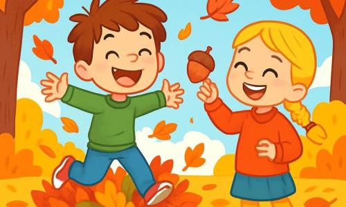 An 8-year-old boy named Max, with messy brown hair and a big joyful smile, is jumping into a pile of colorful autumn leaves, his arms wide and his eyes sparkling with excitement. Next to him, his best friend Lily, an 8-year-old girl with braided blonde hair and a red sweater, is laughing while holding an acorn in her hand, ready to throw it in the air. The setting is a vibrant autumn garden with trees displaying golden, orange, and red leaves, and a clear blue sky dotted with fluffy white clouds. A thick layer of crunchy leaves covers the ground around them, creating a colorful carpet. The main scene shows Max and Lily having fun together, surrounded by swirling leaves, capturing the magic and joy of autumn.