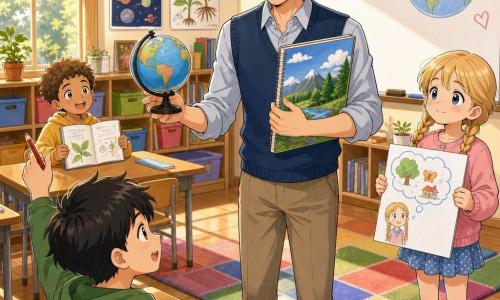 Um professor de cerca de 30 anos, cabelo castanho meio despenteado, olhar benevolente e sorriso suave, veste colete azul e camisa clara, segura um pequeno globo e um grande caderno colorido em frente a um quadro branco; um menino de 9 anos, cabelo preto curto, expressão concentrada, sentado na primeira fila à esquerda, levanta a mão com um lápis vermelho; uma menina de 8 anos, cabelos loiros em duas tranças, tímida mas entusiasmada, está junto ao tapete de leitura à direita segurando um desenho com balões de pensamento; outro menino de 7 anos, pele morena e cabelos encaracolados, sorri mostrando um caderno aberto sentado numa mesa ao fundo; sala iluminada com janelas grandes e sol dourado, paredes com pôsteres de planetas e plantas, prateleiras de madeira com caixas coloridas e um grande tapete xadrez perto do quadro; cena de ensino paciente com gestos suaves, crianças participando, ambiente caloroso e organizado, cores pastel, traços limpos e estilo manga infantil com olhos expressivos e proporções levemente caricaturais.