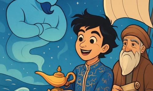 Omar, un giovane con occhi neri pieni di curiosità, si trova sul ponte della nave "Stella d’Oriente", con un sorriso meravigliato sul volto. Indossa una tunica in seta blu profondo, decorata con motivi dorati, e i suoi capelli neri fluttuano leggermente al vento marino. Accanto a lui, il Saggio Ishram, un uomo di circa 70 anni con una lunga barba argentata e occhi saggi, osserva il mare con un'espressione pensierosa. Indossa una veste tradizionale dai colori terrosi e tiene un rotolo di pergamena in mano, pronto a condividere la sua saggezza. La nave scivola su onde scintillanti sotto un cielo stellato, mentre la luna illumina il paesaggio con una luce argentata. Le vele bianche si gonfiano, creando un'atmosfera di magia e avventura. La scena principale mostra Omar che scopre una lampada d'ottone, che tiene con meraviglia, mentre un nube di fumo azzurro si alza dalla lampada, rivelando uno spirito misterioso. L'aria è carica di eccitazione e mistero, promettendo un'avventura incredibile in arrivo.