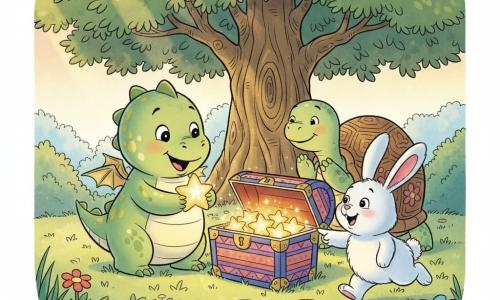 A small round baby dragon named Pip, joyful and amazed, light green scales with pale yellow spots, tiny translucent wings, opens a colorful chest and holds a glowing star between its paws; a fluffy plush-like rabbit named Nibbles, delighted, white fur and pink ears, jumps beside the chest pointing at a pile of stars; a wise turtle named Shelly, gentle smile, brown shell with floral patterns, sits behind them watching and clapping; sunny clearing with soft grass, big colorful flowers lining a path, a large leafy tree with a knotted trunk and light rays filtering through; scene shows the discovery of a colorful chest beneath the tree, softly glowing stars, three friends celebrating, warm pastel colors and clean outlines suitable for toddlers.