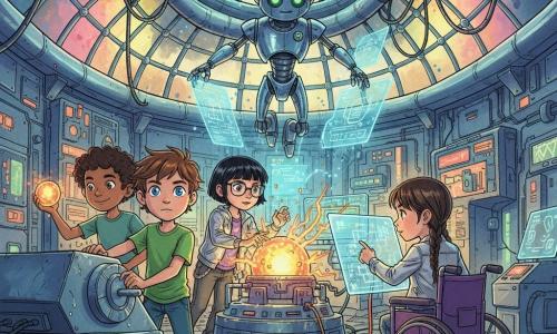 Five characters in a futuristic Central Node chamber: Leo, 11, tousled hair and bright blue eyes in a green T‑shirt turns a large metal dial on a glowing console at center‑left; Zara, 11, short black hair and thin glasses in a silver jacket taps a blue holographic panel just right of Leo; Raj, 11, dusky skin and curly hair smiles dreamily while holding a small orange glowing sphere toward the machine behind and left of Leo; Mia, 11, braided hair in a modern wheelchair wearing purple plugs a phosphorescent cable into the console near Zara; and R3N, a polished silver guide robot with expressive green LED eyes and thin articulated arms, floats above projecting holographic schematics — they repair the pulsing yellow‑and‑red energy core amid sparking cables, flashing screens and fine steam in a vaulted glass‑ceiling room with luminous wall panels, silver pipes and cyan‑magenta light beams, the polished metal floor reflecting neon and silhouettes, tense but cooperative atmosphere with dramatic warm and cool lighting.