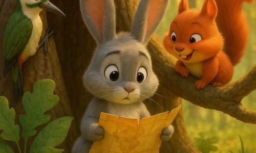 Mały miękki szary królik (postać gł.) z dużymi stojącymi uszami i błyszczącymi czarnymi oczami, ciekawy i nieco zaskoczony, trzyma pożółkłą starą mapę w łapkach i patrzy w dół; po prawej na niskiej gałęzi stoi rudawa wiewiórka Figa (postać drug.), z pulchnymi policzkami i jedwabistym futrem, uśmiecha się figlarnie obserwując mapę; po lewej dzięcioł o zielonym upierzeniu z czerwonymi plamkami stuka w pień drzewa, skupiony i pogodny; scena na świetlistej leśnej polanie z mchem, liśćmi dębu i trawą, dużym starym pustym dębem w centrum i złotymi promieniami słońca przebijającymi przez gałęzie; moment odkrycia, radosno-tajemniczy nastrój, ciepłe kolory, miękkie faktury i łagodne oświetlenie jak w 3D filmie animowanym.