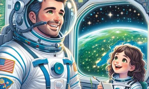 Ein etwa dreißigjähriger männlicher Astronaut mit einem glänzenden Helm und einem weißen Raumanzug, der mit Fahnen verziert ist, steht vor einem großen Fenster der Raumstation. Sein Gesicht drückt Staunen und Freude aus, seine Augen funkeln, während er die blaue und grüne Erde unter sich betrachtet. Neben ihm beobachtet ein achtjähriges Mädchen mit lockigem braunem Haar fasziniert. Sie trägt einen Miniaturraumanzug und hält ein kleines Skizzenheft, bereit, das Gesehene zu zeichnen. Der Ort ist das Innere der Raumstation, mit technologischen Paneelen, blinkenden Lichtern und Panoramafenstern, die einen spektakulären Blick auf den sternenübersäten Raum bieten. Die Hauptsituation zeigt den Astronauten und das Mädchen, die einen magischen Moment teilen, fasziniert von der Schönheit der Erde und der Sterne, was die Bedeutung des Träumens und der gemeinsamen Erkundung des Universums symbolisiert.