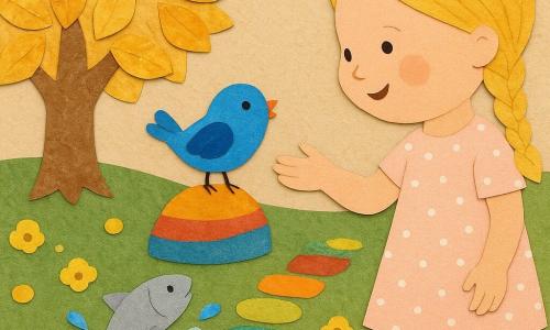 An adult woman named Lily, smiling and amazed with a round face and long braided blonde hair, in a pale pink polka-dot dress, reaches toward a bright blue bird perched on a rainbow stone as she follows it along a rainbow-stone path toward a large tree with golden, coin-like leaves and a textured kraft-paper trunk in a sunny meadow with yellow paper-circle flowers and a shimmering metal-paper pond where a small silver fish jumps, creating stylized blue-and-white paper-slice splashes; the scene is joyful and magical with vivid colors and simple, contrasting shapes.