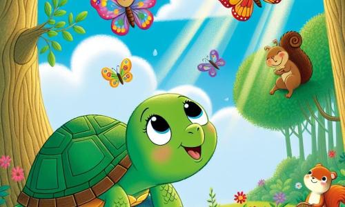 Eine kleine Schildkröte namens Tilly, mit einem glänzend grünen Panzer und funkelnden Augen vor Freude, sitzt auf einem großen Stein, lächelnd und träumerisch, und schaut in den blauen Himmel, der mit fluffigen Wolken bedeckt ist. Neben ihr fliegt Paul, ein bunter Schmetterling mit leuchtend roten und gelben Flügeln, fröhlich um sie herum, lacht und macht Pirouetten in der Luft. Weiter entfernt sitzt Lenny, ein Eichhörnchen mit golden-braunem Fell, auf einem Ast und hält eine Nuss in seinen kleinen Pfoten, bereit zu springen, um sich seinen Freunden anzuschließen. Die Szenerie ist ein wunderschöner verzauberter Wald, mit dicken Baumstämmen, bunten Blumen, die im Wind tanzen, und einem sanften Sonnenstrahl, der durch die Blätter filtert. In dieser Szene bereiten Tilly und ihre Freunde eine lustige Feier vor, lachen und haben Spaß zusammen, umgeben von der Schönheit der Natur.