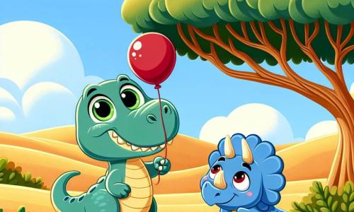Ein kleiner Tyrannosaurus Rex namens Timmy, mit großen, funkelnden grünen Augen und einem kleinen lächelnden Mund, steht fröhlich unter einem großen schattigen Baum und hebt eine Pfote, um seine Freundin zu begrüßen. Neben ihm steht ein kleines Triceratops namens Tina, mit drei Hörnern auf der Stirn und einer hellblauen Haut, die Timmy mit einem dankbaren Lächeln ansieht und ihren roten Ballon in den Vorderpfoten hält. Die Szenerie zeigt eine weite Fläche aus goldenen Dünen, gespickt mit grünen Sträuchern und bunten Blumen, unter einem strahlend blauen Himmel mit einigen weißen, baumwollartigen Wolken. Die Szene zeigt Timmy und Tina, die ihre Freundschaft feiern, nachdem sie den Ballon gefunden haben, umgeben von einer fröhlichen und sonnigen Atmosphäre.