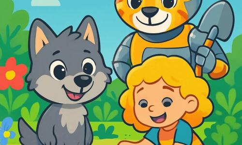 Ein kleiner Wolf namens Wuffi mit weichem grauem Fell und neugierigen leuchtenden Augen steht inmitten eines futuristischen Gartens und lächelt begeistert. An seiner Seite ist Mia, ein kleines Mädchen mit lockigem blonden Haar, das ein buntes Kleid trägt und vor Freude strahlt, während sie Samen in die Erde pflanzt. Im Hintergrund beobachtet ein großer Roboter-Tiger, Tigi, mit glänzendem Metallkörper und warmen Augen, sie lächelnd und mit einer Schaufel in der Hand. Der Garten ist voller leuchtender Blumen und grüner Gemüse unter einem klaren blauen Himmel mit fluffigen Wolken. Die Szene strahlt eine fröhliche und lebendige Atmosphäre aus und zeigt einen Moment des Lernens und der Freundschaft in einer futuristischen Welt.