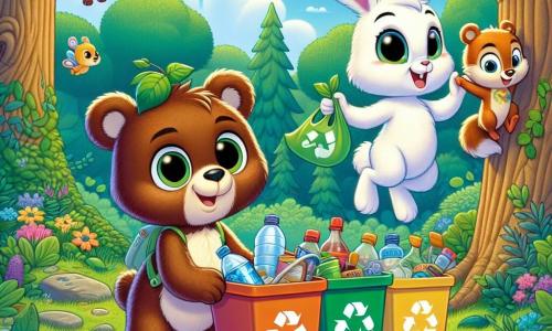Um urso pardo chamado Bento, com pelagem macia e olhos brilhantes, sorri alegremente enquanto coleta lixo em uma floresta verdejante. Ele usa um pequeno chapéu de folhas e parece determinado e feliz. Ao lado dele, uma coelhinha branca chamada Lili, com grandes orelhas e pelagem sedosa, salta de alegria segurando uma caixa de reciclagem colorida. Um esquilo travesso chamado Tico, com uma cauda fofa e olhos cintilantes, sobe em uma árvore, segurando uma garrafa plástica que está prestes a jogar na caixa certa. A floresta é exuberante, com grandes árvores, flores coloridas e um céu azul com nuvens brancas. A cena principal mostra Bento e seus amigos limpando a floresta, tornando seu habitat mais bonito e saudável enquanto se divertem juntos.
