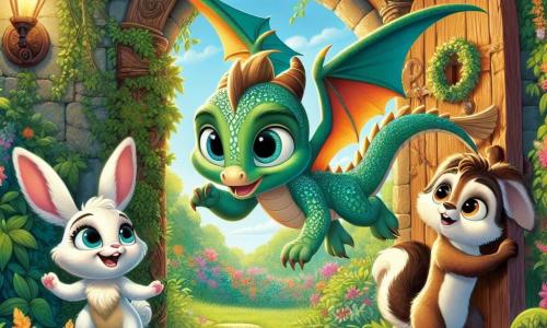 A imagem mostra Lúcio, um pequeno dragão com escamas brilhantes de cor esmeralda, com grandes olhos curiosos e um sorriso maravilhado, voando alegremente acima de uma porta antiga coberta de hera em um jardim secreto. Ao seu lado, Mia, uma coelhinha de grandes orelhas e pelagem branca, salta com entusiasmo, seus olhos brilhando de curiosidade, enquanto Tomás, um esquilo de pelagem marrom e cauda espessa, sobe em uma árvore próxima, olhando com determinação para a porta misteriosa. O jardim está cheio de flores coloridas, arbustos luxuriantes e raios de sol filtrando pelas folhas, criando uma atmosfera mágica e encantadora. A cena principal mostra os três amigos, prontos para descobrir o segredo por trás da porta, cheios de excitação e aventura.
