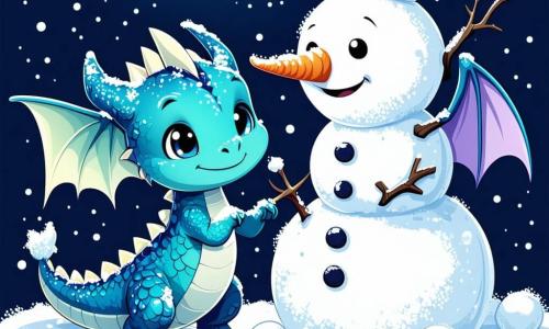 Un pequeño dragón llamado Luma, con escamas brillantes de color turquesa y ojos chispeantes de alegría, está haciendo bolas de nieve para crear un gran muñeco de nieve. Tiene una expresión de emoción en su rostro, su colita moviéndose con entusiasmo. A su lado, su mamá dragón, más grande con escamas moradas y alas delicadas, sonríe orgullosa animándolo. Ella se mantiene un poco atrás, con las patas cruzadas, observando a su pequeño con ternura. El escenario es un paisaje invernal encantador, con copos de nieve cayendo suavemente del cielo azul claro, pinos cubiertos de nieve y un lago helado brillando a lo lejos. La situación principal muestra a Luma moldeando la nieve, riendo a carcajadas, mientras su mamá lo observa, creando una atmósfera cálida y alegre de un mágico día de invierno.