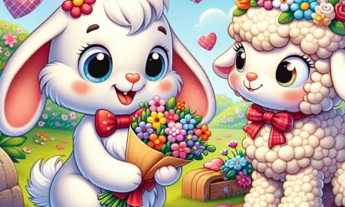 Benny the Rabbit, an adorable little bunny with big ears and soft white fur, is filled with excitement and joy. He wears a small red bow tie and holds a bouquet of colorful flowers in his paws, ready to surprise his friend. Next to him, Lily the Sheep, a charming little lamb with fluffy wool, has a big smile and wears a flower crown on her head. She looks at Benny in wonder, her eyes shining with happiness. The scene takes place in a sunny garden filled with brightly colored flowers, paper hearts hanging from tree branches, and a path of small pebbles leading to a cozy cabin. Benny and Lily are preparing a Valentine's surprise, surrounded by heart-shaped chocolates and little games, laughing and sharing moments of closeness.