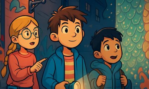 Er zijn 3 personages: - Daan: een 11-jarig jongetje met rommelig bruin haar en nieuwsgierige ogen. Hij draagt een blauwe jas en een gestreept t-shirt, met een zaklamp in zijn hand. Hij staat in het midden en kijkt vastberaden vooruit. - Jasmin: een bijna 11-jarig meisje, slank met gevlochten blond haar en ronde brillen. Ze draagt een roze trui en een spijkerbroek, met een Walkman aan haar riem. Ze staat iets links van Daan en wijst naar een mysterieuze muur. - Omar: een 10-jarig jongetje met zwart haar en levendige ogen. Hij is gekleed in een dikke blauwe jas en een cargobroek. Hij staat rechts van Daan, met een oude rugzak en kijkt verwonderd naar de glinsterende muur. De locatie is een donkere, smalle steeg, omringd door oude bakstenen gebouwen, met kleurrijke graffiti op de muren. Een zacht licht van een straatlamp verlicht de geplaveide grond, terwijl een mysterieuze muur bedekt met glinsterende schubben lijkt te trillen door een onzichtbare magie. De situatie toont de drie kinderen, gefascineerd en een beetje bezorgd, tegenover deze mysterieuze muur die levend lijkt, terwijl ze zich voorbereiden om de verborgen geheimen van hun stad te ontdekken.