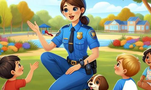 O polițistă zâmbitoare, Ana, se află în centrul imaginii. Este o femeie de aproximativ treizeci de ani, cu părul brun prins în coc, purtând o uniformă albastră strălucitoare și un insignă lucioasă pe piept. Fața ei radiază bunăvoință în timp ce se apleacă ușor în față, cu mâinile pe genunchi, pentru a vorbi cu un grup de copii. Printre copii, este un băiat blond de 7 ani, purtând un tricou roșu și o pereche de pantaloni scurți albaștri, care arată entuziast spre un copac mare de lângă ei. O fetiță cu părul brun, de 6 ani, îmbrăcată într-o rochie cu flori, stă pe iarbă ținând un jucărie în formă de câine, privindu-o pe Ana cu admirație. Scena se desfășoară într-un parc verde, plin de copaci măreți, flori colorate și o mare zonă de joacă în fundal. Soarele strălucește, creând o atmosferă veselă și primitoare. Situația principală o arată pe Ana explicând copiilor importanța siguranței și ajutorului reciproc, după ce au găsit câinele pierdut, Max, care se joacă vesel la picioarele lor.