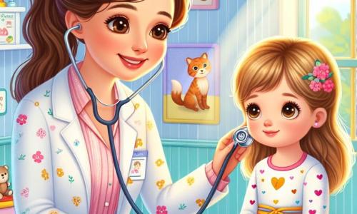 In een charmant klein medisch kabinet is een vrouwelijke arts, dokter Lisa, afgebeeld met een grote warme glimlach. Ze heeft bruin haar dat in een paardenstaart is vastgebonden en draagt een witte labjas met kleurrijke bloemenpatronen. Ze luistert naar het hart van een klein meisje met een stethoscoop, terwijl ze een uitdrukking van vriendelijkheid en concentratie toont. Naast haar zit Sophie, een zesjarig meisje met lang blond haar en sprankelende ogen. Ze zit op een grote stoel met een bezorgde blik die verandert in een glimlach terwijl ze het geluid van haar hart hoort. Ze draagt een roze jurk met kleine hartjes. De ruimte is een lichte medische praktijk met pastelblauwe muren, versierd met tekeningen van dieren en educatieve posters over gezondheid. Een raam laat zonlicht binnen dat een klein tafeltje met kleurrijk speelgoed en kinderboeken verlicht. De belangrijkste situatie toont dokter Lisa die Sophie onderzoekt, die zich beter begint te voelen dankzij de zorgzame aandacht van de arts. De sfeer is vrolijk en geruststellend, wat de vertrouwensband tussen de arts en haar jonge patiënt illustreert.