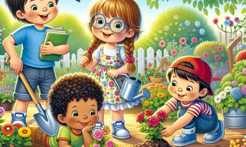 En un jardín en plena floración, cuatro niños están reunidos para plantar flores. Mateo, un niño de 8 años con cabello castaño desordenado, lleva una camiseta azul y un pantalón corto. Sostiene una pequeña pala y sonríe con entusiasmo. A su lado, Clara, una niña de 7 años con gafas y trenzas rubias, anota cosas en su pequeño cuaderno. Lleva un vestido de flores colorido. Luis, un niño de 9 años con cabello negro y una gorra roja, está agachado cavando la tierra con una pala grande. Finalmente, Sofía, una niña de 8 años con cabello castaño y coletas, riega las plántulas con una pequeña regadera, vestida con una camiseta rosa y pantalones cortos de mezclilla. El jardín es un lugar mágico, lleno de flores multicolores, mariposas revoloteando y un gran manzano que ofrece sombra. Los niños trabajan alegremente preparando el jardín para la primavera, plantando semillas de flores y regando la tierra, riendo y compartiendo ideas sobre las plantas que crecerán.