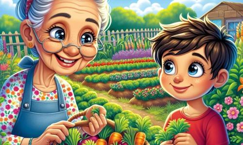 Una mujer mayor, la abuela Lola, con cabello gris recogido en un moño y una sonrisa cálida, está cosechando zanahorias en su jardín. Lleva un vestido de flores colorido y un delantal de tela, con los ojos brillantes de alegría y orgullo. A su lado, un niño de 7 años, Miguelito, con cabello castaño alborotado y una camiseta roja, observa con asombro las verduras frescas que han cosechado. Sostiene una pequeña canasta de mimbre llena de tomates y maíz, con los ojos reluciendo de emoción. El jardín es un lugar soleado, lleno de hileras de plantas verdes exuberantes, flores coloridas y un cielo azul brillante. Se pueden ver mariposas revoloteando alrededor de las flores y pájaros cantando en los árboles. La escena principal muestra a Lola y Miguelito celebrando la cosecha, rodeados de verduras coloridas, compartiendo un momento de felicidad y aprendizaje sobre la magia de la naturaleza.