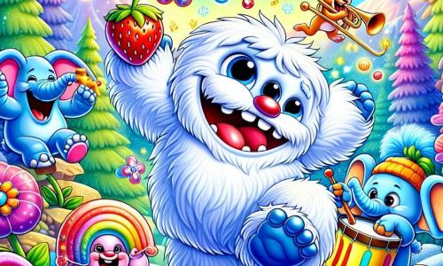 Wesoły i figlarny Yeti z białym futrem jak śnieg i błyszczącymi oczami stoi na środku sceny, głośno się śmiejąc. Ma duży czerwony nos w kształcie truskawki i szerokie stopy, które zostawiają zabawne ślady na ziemi. Obok niego niebieski słoń z szerokim uśmiechem gra na trąbce swoim nosem, podczas gdy mały pomarańczowy królik z dużymi uszami skacze na bębnie w kształcie marchewki, otoczeni kolorowymi kwiatami, które wydają się śmiać. W tle rozwija się wibrująca i magiczna scena: drzewa o wielobarwnych liściach, lśniąca rzeka i chmurki w kształcie cukierków unoszą się na jasnoniebieskim niebie. Główna sytuacja pokazuje Yeti i jego przyjaciół przygotowujących wielki festiwal śmiechu, z bąbelkami radości wydobywającymi się z ich śmiechu, wypełniając powietrze radosną i zabawną atmosferą.