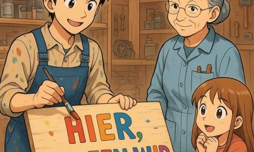 Mika steht vor einem großen Holzbrett, konzentriert und lächelnd, mit bunten Farbflecken auf seiner Kleidung. Er hält einen Pinsel in der Hand, bereit, klare und freundliche Buchstaben zu malen. Neben ihm steht Frau Blau, eine ältere Dame, die mit einem wohlwollenden Lächeln zuschaut, gekleidet in einem alten Arbeitskittel mit Taschen voller Werkzeuge. In der Nähe sitzt Lina, ein 9-jähriges Mädchen, auf einem Hocker, ihre Augen weit geöffnet, fasziniert vom Malprozess. Die Szene spielt sich in einer kleinen, gemütlichen Reparaturwerkstatt ab, mit Regalen voller Ersatzteile und Spielzeug zur Reparatur. Die Hauptsituation zeigt Mika, wie er ein neues Schild für die Werkstatt malt, mit leuchtenden Farben und Buchstaben, die sagen: "Hier wird geholfen".