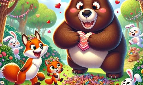Un grande orso bruno di nome Tobia, con un pelo morbido e lucente, si trova al centro dell'immagine, sorridendo con occhi scintillanti di gioia. È circondato dai suoi amici, tutti intenti a festeggiare la festa di San Valentino. Alla sua destra, una volpe astuta di nome Mina, con un pelo arancione brillante e occhi maliziosi, danza felicemente tenendo un cuore di carta tra le zampe. A sinistra, un piccolo coniglio bianco con grandi orecchie, con un'espressione di meraviglia, guarda il tesoro di dolcetti scoperto sotto un cespuglio. Lo scenario è un parco incantevole di Boscofiorito, pieno di alberi maestosi, fiori colorati e un ruscello scintillante. La scena principale mostra Tobia e i suoi amici che festeggiano insieme San Valentino, circondati da dolcetti e risate, illustrando lo spirito dell'amicizia e della gioia condivisa in questa giornata speciale.