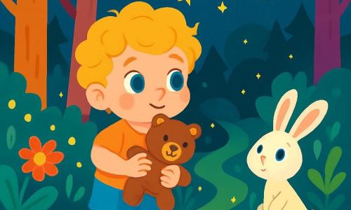 Un bambino di 2 anni, Leo, con capelli dorati e ricci, grandi occhi brillanti di meraviglia, tiene il suo orsetto di peluche. Ha un sorriso curioso e uno sguardo determinato, pronto per l'avventura. Accanto a lui, un coniglietto bianco con grandi orecchie osserva Leo con curiosità. Lo sfondo è un bosco magico, pieno di alberi dai tronchi colorati, fiori vivaci e lucciole scintillanti. Al centro dell'immagine, Leo si avanza cautamente verso un sentiero misterioso, circondato da piante luminose, cercando la stella caduta, mentre la luna illumina dolcemente il suo cammino.