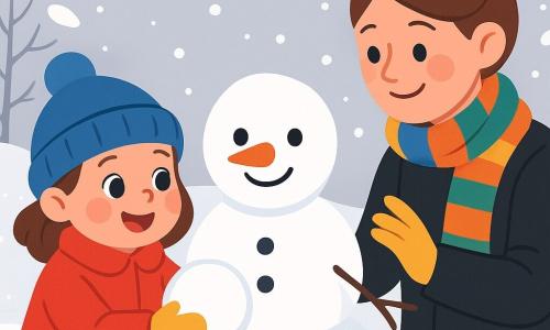 Uma menina de 2 anos, com grandes olhos brilhantes e bochechas rosadas, está brincando na neve. Ela usa um grosso casaco vermelho, um bonito gorro azul e luvas amarelas, sorrindo maravilhada enquanto segura uma bola de neve em suas pequenas mãos. Ao lado dela, sua mãe, uma mulher de cerca de trinta anos, tem cabelos castanhos presos em um coque e veste um casaco preto com um cachecol colorido. Ela sorri ternamente enquanto ensina sua filha a fazer um boneco de neve. O cenário é um jardim de inverno, coberto por uma espessa camada de neve cintilante sob um céu cinza. Flocos de neve caem suavemente, e árvores com galhos carregados de neve se erguem ao fundo. A cena principal mostra a menina e sua mãe construindo um boneco de neve, cercadas por neve brilhante e risadas alegres, criando um momento acolhedor e mágico no meio do inverno.