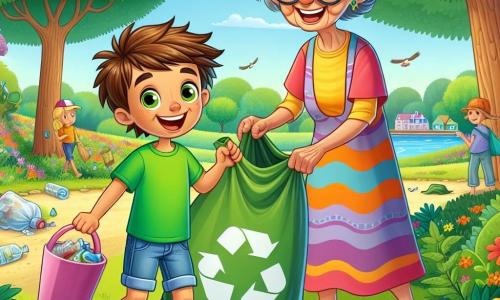 Un niño de 7 años, llamado Nico, con cabello castaño desordenado y ojos brillantes de curiosidad, está recogiendo basura en un parque verde. Lleva una camiseta verde brillante y un short de mezclilla, y su rostro expresa una alegre determinación. A su lado, su abuela, una mujer mayor con cabello gris y gafas redondas, sonríe orgullosa mientras sostiene un gran contenedor de reciclaje. Ella lleva un vestido colorido y sandalias cómodas, y anima a Nico con gestos entusiastas. El parque está lleno de árboles majestuosos, flores coloridas y un pequeño lago brillante bajo el sol. Los pájaros cantan en las ramas, creando un ambiente pacífico y alegre. La escena principal muestra a Nico y su abuela trabajando juntos para limpiar el parque y concienciar a otros niños sobre la importancia de proteger la naturaleza.