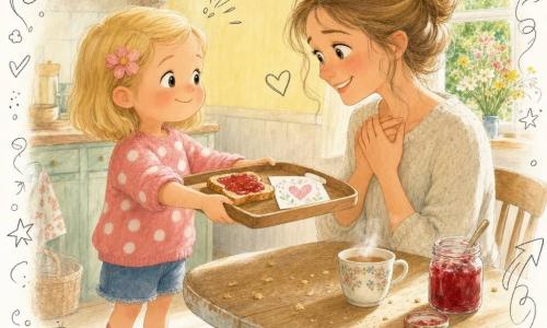 Een 4-jarig meisje met ronde ogen en kort blond haar, trots gezicht en verlegen glimlach, in een roze stippentrui en ongelijke sokken biedt een houten dienblad met een boterham met jam en een tekening aan; een vrouw van ongeveer 32 jaar met lichtbruin haar in een losse knot, tedere glimlach en glinsterende ogen zit aan een versleten houten tafel, neemt het dienblad emotioneel aan en kijkt naar het meisje; de keuken is badend in bleke ochtendlicht, lichte tegels, dampend kopje thee, geopende pot rode jam, raam naar een groene tuin met wilde bloemen; zachte Moederdag-ochtendscène met een bloemetje in het haar van het meisje, kruimels op tafel, warme intime sfeer, pastelkleuren, potlood- en aquareltexturen en eenvoudige doodles (hartjes, sterretjes).