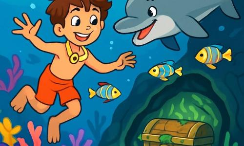 Um garoto de 12 anos, Lucas, com cabelo castanho bagunçado e olhos brilhantes de curiosidade, nada alegremente nas águas cristalinas do oceano. Seu rosto irradia excitação e deslumbramento enquanto explora um mundo subaquático vibrante. Ao seu lado, um golfinho chamado Luar, com pele lisa e cinza, nada com agilidade, sorrindo e encorajando Lucas a descobrir as maravilhas do recife. O cenário é um recife de corais coloridos, onde corais em tons vibrantes de rosa, roxo e amarelo se entrelaçam, criando uma paisagem mágica. Peixes multicoloridos, com padrões cintilantes, nadam ao redor deles, adicionando à magia da cena. Lucas e Luar estão em plena exploração, descobrindo juntos um tesouro escondido: uma caverna subaquática iluminada por algas luminescentes, onde um antigo baquet de madeira, coberto de algas, aguarda para ser aberto.