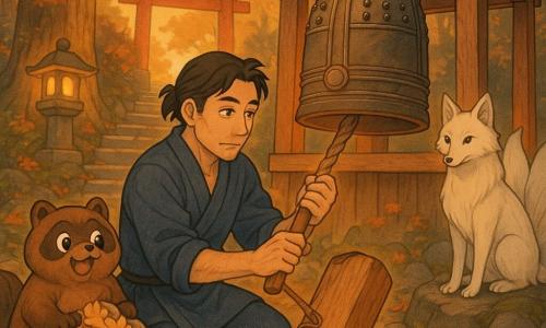 Takumi, homem de 30–40 anos, rosto gentil e concentrado, quimono índigo simples com mangas arregaçadas, ajoelhado nas lajes enquanto prende uma grossa lâmina de cedro ao badalo do grande sino do santuário e puxa suavemente a corda, fazendo-o soar num tilintar roux; um tanuki pequeno e travesso, pelagem castanha e olhos brilhantes, à esquerda no chão com um saco de serapilheira cheio de lascas como se ajudasse; uma kitsune branca elegante, de nove caudas estilizadas (ou uma cauda sutil), pelagem nacarada, sentada num rochedo à direita observando com serenidade; santuário xintoísta no alto de uma colina ao entardecer, torii vermelho ao fundo, degraus de pedra gastas, lanternas de pedra com brilho quente, cedros gigantes e folhas de outono vermelhas e douradas sobre o solo húmido; cena íntima e luminosa com paleta outonal quente (ocre, vermelho, madeira, índigo) e luz dourada do crepúsculo filtrando entre os troncos; estilo gráfico tipo manga com traços suaves, texturas de madeira e tecidos, contraste quente/frio e composição centrada em Takumi e no sino, profundidade com árvores e torii ao fundo.
