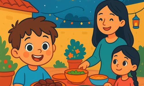 A 4-year-old boy named Sam, with messy brown hair and sparkling big eyes, joyfully smiles while holding a plate of dates. He wears a bright blue t-shirt and yellow shorts, his cheeks flushed with excitement. Next to him, his mother, a woman in her thirties with long black hair, prepares the meal with a warm smile, surrounded by colorful dishes. A cousin, Noor, a 7-year-old girl with braids and a pink dress, holds a homemade lamp that softly lights up the scene. The setting is a lively small courtyard decorated with fairy lights and colorful lanterns, where tables are set with delicious food. The walls are painted pastel yellow, and potted flowers add vibrant color. Sam, full of joy, is getting ready to share a special moment of Ramadan with his family, saying "enjoy your meal" to everyone around him, while the moon gently shines in the starry sky.
