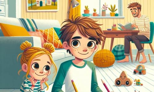Een 12-jarige jongen, Lukas, met rommelig bruin haar en sprankelende ogen, zit op een kleurrijk tapijt in zijn woonkamer. Hij heeft een nieuwsgierige blik op zijn gezicht, met een potlood en een schetsboek in de hand, klaar om te creëren. Naast hem speelt zijn 8-jarige zusje, een meisje met blonde vlechten en een stralende glimlach, met een houten speelgoed, terwijl ze haar broer bewonderend aankijkt. Hun vader, een man van in de dertig met een lichte baard, zit op de bank, glimlachend en een boek lezend, terwijl hun moeder, een vrouw met kastanjebruin haar in een knot, in de keuken het avondeten bereidt en naar het gesprek luistert. De woonkamer is warm en uitnodigend, met lichtgele muren, kleurrijke kussens op de bank en speelgoed verspreid over de vloer. Een groot raam laat zonlicht binnen, dat de ruimte verlicht. De belangrijkste situatie toont Lukas en zijn zusje die samen een fijne tijd doorbrengen, weg van schermen, en de vreugde van creativiteit en fantasierijk spel ontdekken.
