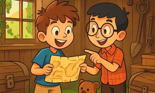 Există două personaje principale: Alex, un băiat de 10 ani cu părul castaniu și ochi strălucitori de curiozitate, îmbrăcat într-un tricou albastru și o pereche de pantaloni scurți bej, care ține o hartă veche în mâini, privind cu entuziasm spre vechiul hambar, și Mihai, un băiat de 10 ani cu părul negru și ochelari rotunzi, îmbrăcat într-o cămașă cu carouri roșii și pantaloni scurți, care stă lângă Alex, arătând cu degetul spre hartă cu un zâmbet jucăuș. Acțiunea principală are loc într-un vechi hambar de lemn, acoperit cu iederă și înconjurat de o vastă fâneață verde. Razele de soare pătrund prin feronerie prăfuită, iluminând obiecte vechi precum unelte ruginite și lăzi de lemn. Atmosfera este plină de mister și aventură. Povestea îi arată pe Alex și Mihai, uimiți, descoperind o hartă misterioasă în hambar, înconjurați de trunchiuri vechi și jucării uitate, cu expresii de surpriză și entuziasm pe fețele lor, pregătiți pentru aventură.