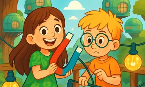 An 8-year-old girl, Mila, with long brown hair and sparkling curious eyes, joyfully smiles while holding a large shiny magnet. She wears a green dress with leaf patterns, and her face radiates excitement. Next to her, a 9-year-old boy, Tom, with messy blonde hair and round glasses, looks at the electrical wires with a focused expression, holding a small tool in his hand. They are on a wooden platform suspended between trees, surrounded by softly glowing glass lamps. The scene takes place in the futuristic city of Verdantree, where bubble-shaped houses are perched on large tree trunks, and colorful drones fly in the blue sky. Mila and Tom are working together to repair the flickering lamps, combining their efforts to light up their city and bring joy to their friends.