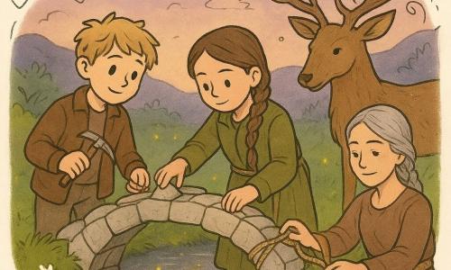 Mira, a focused, serene girl with braided brown hair in an olive coat and linen skirt, gently sets a pale stone on a small bridge under construction while holding a worn rope; Aderyn, a blond teenage boy in a light leather jacket with a reassuring smile, stands left placing a bell-like stone and holding a small pick; Branna, an adult woman with silver-gray hair braided around her shoulders in an earthy dress and rope belt, braids a reed strap behind Mira; a large guardian stag with knotted antlers and green leaves watches from the water's edge with a gentle, protective posture; they work together at twilight over a luminous river pool dotted with yellow fireflies, bright green moss and white moon-shaped flowers on the banks, pale smooth stones forming arches, soft hills and a plum sky, warm magical evening light, precise cooperative gestures and golden reflections on the water.