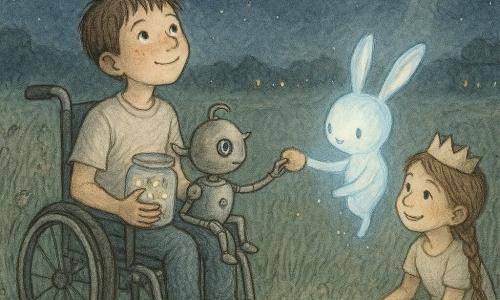 Three characters: Milo — a boy about 10 with short brown hair and freckles, seated in a modern wheelchair with a cushion, holding a jar of fireflies on his lap and looking at the sky, center-left; Hana — a girl about 9, barefoot with braided hair and a small paper crown behind her ear, crouched to Milo’s right, smiling and showing a paper map on a picnic tray; Tippy — a small teapot-sized robot with a teapot-shaped metal head, a reflector eye and a tiny bell, on Milo’s lap extending a cookie on a small mechanical arm toward a glowing creature. Location: a field called “Starfield” at night with tall swaying grasses, wildflowers, a wheelchair-friendly path, a deep starry sky and a pale moon, distant house lamps, and a glass jar on the ground reflecting the stars. Main situation: a small extraterrestrial visit — a soft blue glowing rabbit-sized creature floats just above the grass in front of Milo and Hana, offering a small luminous paper in exchange for the map; in the background a small silver ship with warm windows hangs low in the sky with a suggested ladder of light rising to its porthole.