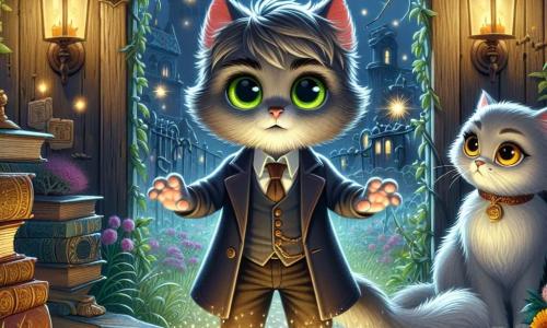 Tito, um jovem gato de rua com pelagem cinza e olhos verdes brilhantes, está corajosamente no centro de um jardim abandonado, cercado por livros antigos e luzes cintilantes. Sua expressão é determinada, pronto para abraçar seu destino de mágico. Ao seu lado, Luna, uma elegante gata persa com olhos dourados, observa com um sorriso encorajador, suas patas delicadas sobre um velho livro aberto. O jardim é invadido por ervas daninhas e flores coloridas, com uma grande porta de madeira adornada com cipós que se abre para uma biblioteca secreta. A cena principal mostra Tito e Luna conjurando juntos um poderoso feitiço, cercados por uma aura mágica que ilumina o jardim escuro, enquanto uma sombra ameaçadora se perfila ao fundo, pronta para ser repelida.