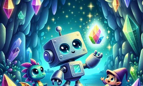 Ilustración que representa a un pequeño robot cuadrado y metálico, con ojos redondos y brillantes, lleno de curiosidad y emoción. Se encuentra en el centro de una caverna misteriosa, con los brazos levantados, sosteniendo un cristal luminoso que emite destellos de colores vivos. A su lado, un pequeño dragón con escamas brillantes de azul y verde, con alas translúcidas, mira el cristal con asombro y alegría. Un duende travieso, con un sombrero puntiagudo y una sonrisa pícara, está cerca, con las manos en las caderas, mostrando una expresión de orgullo y entusiasmo. El lugar principal es una caverna mágica, con paredes brillantes de piedras preciosas, donde luces bailan como estrellas. Cristales de todos los colores iluminan el espacio, creando una atmósfera de cuento de hadas. La situación principal muestra al pequeño robot descubriendo el Cristal de la Esperanza, símbolo de magia y esperanza, rodeado de sus amigos, listos para restaurar la magia en su mundo. Elementos adicionales incluyen destellos de luz que emanan del cristal, sombras danzantes en las paredes de la caverna y una atmósfera vibrante que evoca aventura y amistad.
