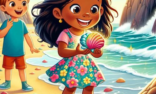 Uma menina de 6 anos, Lúcia, está na praia, com os olhos brilhando de excitação e um grande sorriso no rosto. Ela tem longos cabelos castanhos, um vestido colorido de flores e sandálias amarelas. Na mão, segura uma concha colorida que brilha ao sol. Ao lado dela, seu amigo Pedro, um menino de 6 anos com cabelos loiros bagunçados e uma camiseta azul, observa a concha com admiração. Ana, outra amiga de 6 anos, com cabelos castanhos e usando uma saia rosa, se aproxima apontando para as rochas, ansiosa para descobrir o mistério. A cena acontece em uma praia ensolarada, com areia dourada, ondas suaves e conchas espalhadas. Ao fundo, majestosas rochas escondem uma caverna misteriosa. Lúcia, Pedro e Ana estão planejando uma aventura para descobrir a origem da concha mágica que encontraram, cheios de excitação e espírito de investigação.