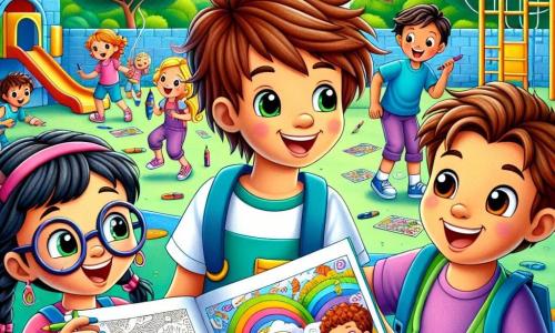 In un cortile scolastico colorato, vediamo tre personaggi principali. Luca, un ragazzo di 10 anni con i capelli castani arruffati e un sorriso splendente, si trova al centro, tenendo un grande libro da colorare. Alla sua destra, Marco, un altro ragazzo di 10 anni con occhiali rotondi e capelli biondi, ride gioiosamente mostrando un disegno che ha appena realizzato. A sinistra, Marta, una ragazza di 9 anni con capelli neri intrecciati e una maglietta viola, osserva con curiosità il disegno di Marco, gli occhi pieni di entusiasmo. Il cortile è pieno di colori vivaci: muri dipinti di blu e giallo, giochi all'aperto e alberi verdi che danzano al vento. I tre bambini condividono i loro disegni e ridono insieme, illustrando la gioia e l'eccitazione del ritorno a scuola, mentre scoprono l'amicizia e la creatività nella loro nuova scuola.
