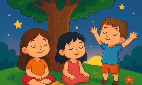 Hay 4 niños: - Léa: una niña de 5 años, con cabello largo y castaño y ojos brillantes. Está sentada en el suelo bajo el árbol, con una sonrisa suave en el rostro, las manos en las rodillas. - Tom: un niño de 4 años, con cabello rubio desordenado y pecas. Está acostado de espaldas, con los brazos extendidos, mirando las estrellas brillantes arriba. - Maya: una niña de 5 años, con cabello negro y un bonito vestido rosa. Está sentada al lado de Léa, con los ojos cerrados, respirando profundamente como el sol les ha enseñado. - Lucas: un niño de 4 años, con cabello castaño y una camiseta azul. Está de pie, con los brazos levantados hacia el cielo, imitando las ramas del gran árbol. El lugar es un jardín mágico, con un gran árbol de hojas verdes brillantes y un tronco nudoso. Estrellas brillantes bailan en el cielo nocturno, y una suave luz dorada emana del sol poniente en el horizonte. El suelo está cubierto de un césped mullido, salpicado de flores coloridas. La situación principal muestra a los niños respirando profundamente, con los ojos cerrados, rodeados por la magia de la noche. Se relajan, inhalando el aire fresco y suave, mientras el árbol los protege con sus ramas acogedoras.