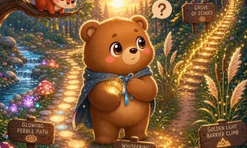 A large caramel-brown bear with round shiny eyes and pink cheeks holds an acorn-shaped bell carved from moonlight on a pale blue ribbon and slips it into an invisible pocket in his fur coat; a cheeky red squirrel with a question-mark tail perches on a branch above smiling at the bell; colorful mushrooms and sparkling stones border a clear stream to the left, thin pines form a dark edge to the right, and the ground splits into three paths—a bright pebble way, a whispering reed track, and a rise of golden light barriers—while a late-afternoon sky casts orange rays and long shadows as the hesitant bear stands at the crossroads ready to head to the Grove of Echoes in a warm, magical scene with saturated colors and soft edges.