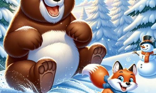 Ein großer Braunbär mit dickem, weichem Fell steht fröhlich auf einem verschneiten Hügel, seine Augen strahlen vor Glück, während er auf einem Holzschlitten rutscht und ein breites Lächeln auf seinem Gesicht hat. Neben ihm lacht ein schlauer Fuchs mit leuchtend orangefarbenem Fell und buschigem Schwanz, seine Augen funkeln vor Schalk, während er einen kleinen Schneemann schiebt, den er gerade gebaut hat. Im Hintergrund ist ein majestätischer Wald mit einer dicken Schicht glitzernden Schnees bedeckt, die Bäume sind mit weißen Flocken beladen und der Himmel strahlt in einem leuchtenden Blau, durchzogen von fluffigen Wolken. Die Szene zeigt einen Moment puren Glücks, in dem der Bär und der Fuchs gemeinsam Spaß haben und die Freuden des Winters beim Rutschen und Spielen im Schnee genießen.