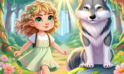 En el centro de la imagen se encuentra Clara, una niña de 8 años con cabello dorado rizado y ojos verdes brillantes. Muestra una expresión de valentía y curiosidad, avanzando con determinación en un claro soleado del bosque. Lleva un vestido ligero con flores y sandalias, con los brazos ligeramente extendidos como si estuviera lista para explorar. A su derecha está el Gran Lobo Feroz, un lobo majestuoso de pelaje gris plateado, con ojos amarillos penetrantes que brillan con inteligencia. Observa a Clara con una mezcla de sorpresa y admiración, sentado sobre una gran piedra cubierta de musgo. El escenario es un hermoso claro del bosque encantado, con altos árboles de hojas verdes, flores coloridas que bailan al viento y rayos de sol que atraviesan las ramas, creando juegos de luz en el suelo. La situación principal muestra a Clara y al Gran Lobo Feroz mirándose, Clara con una expresión decidida y el lobo con una expresión intrigada, simbolizando el inicio de su amistad inesperada y el intercambio de sus historias.